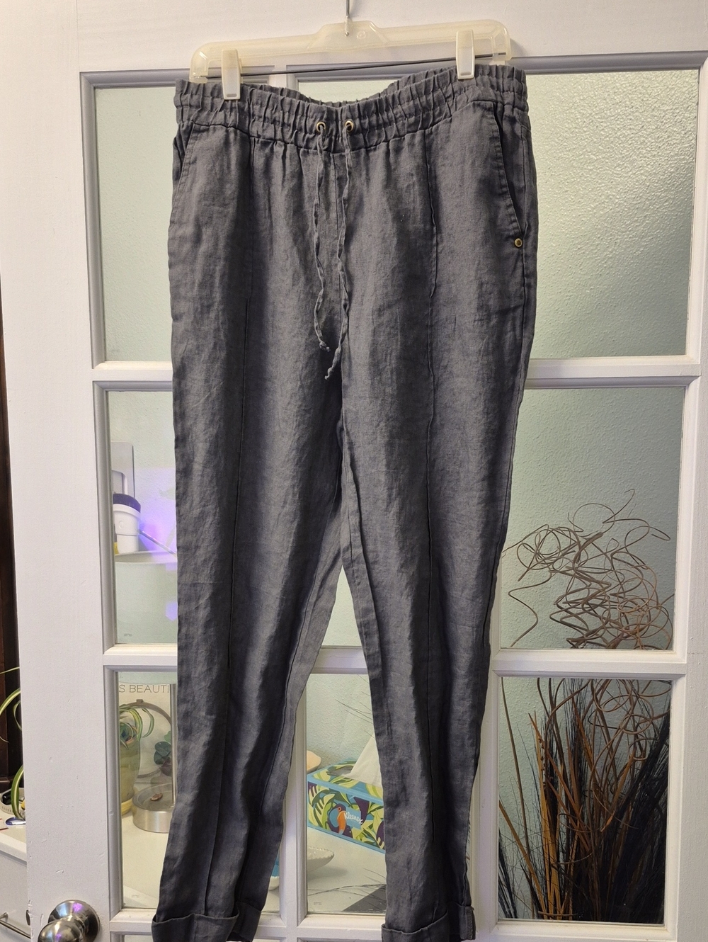 Ellen Tracy Gray Drawstring Linen Chinos